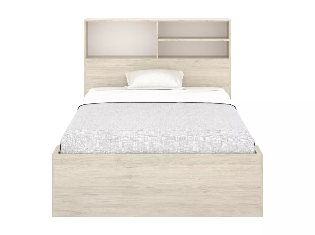 Lit 120 x 190 cm avec rangements - Coloris : Naturel et blanc + Sommier + Matelas - VARDIEL