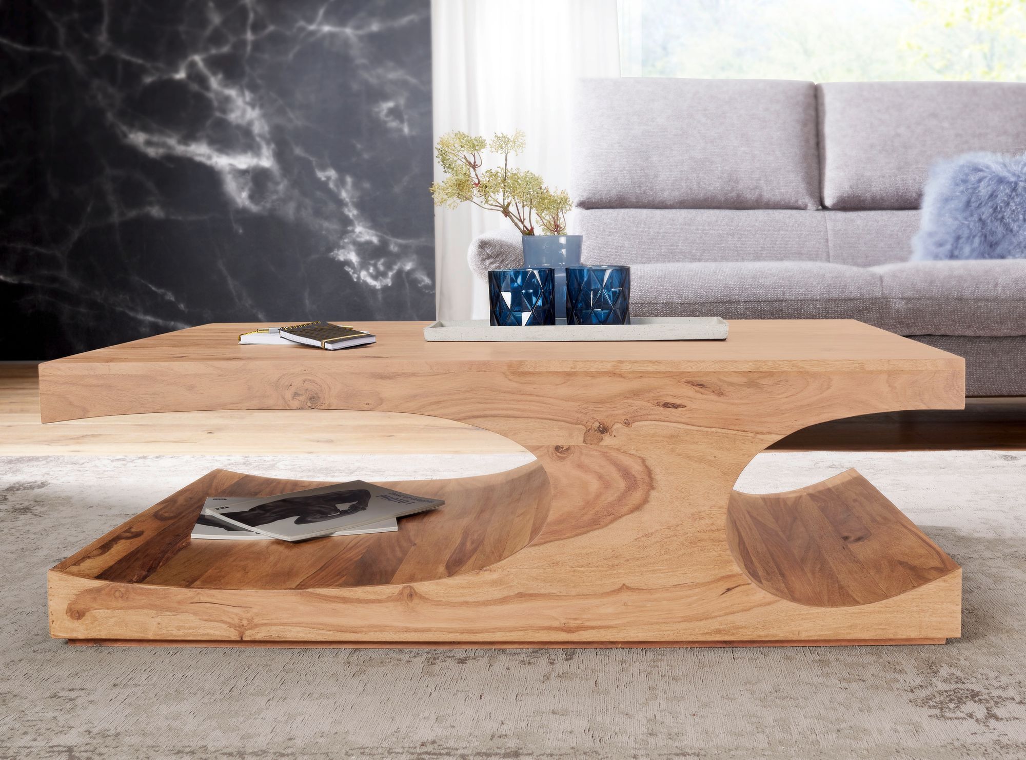 KADIMA DESIGN Couchtisch TEKO Massivholz: 2 Ablagefächer, 118x38x70 cm, handgefertigt, pflegeleicht