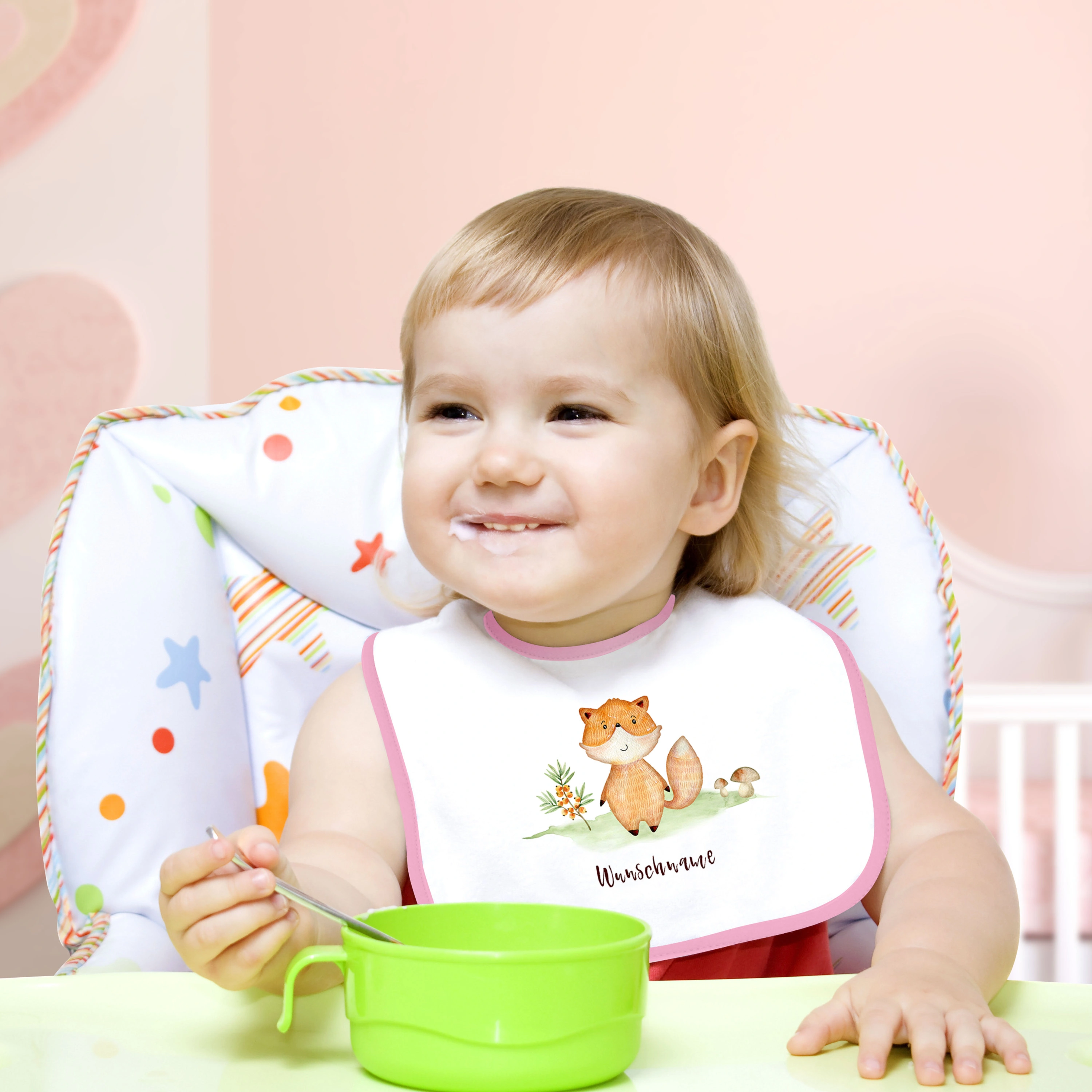 Baby-Lätzchen mit Namen, rosa (Motiv: Fuchs)