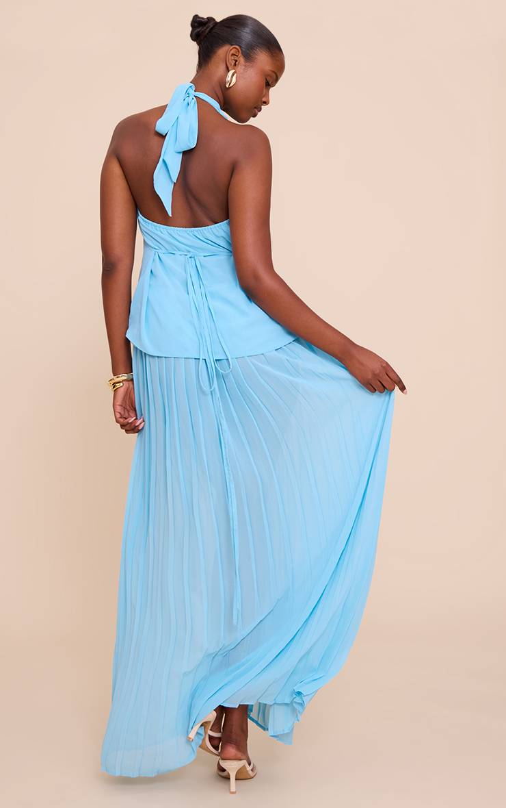 Bleu Ciel Robe Longue À Jupe Plissée Superposée