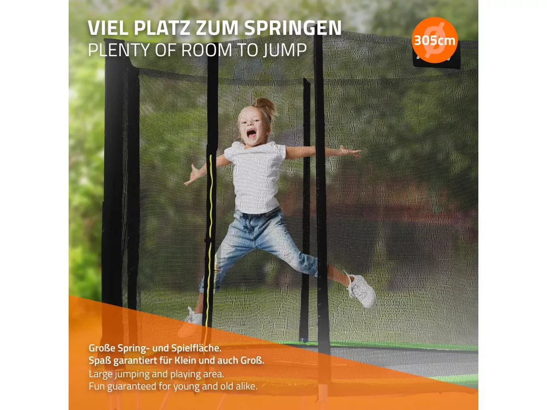 Hauki Trampoline Outdoor, Ø305 cm, vert, certifié GS, trampoline de jardin rond pour enfants jusqu'à 150 kg, set complet avec filet de sécurité, échelle, couverture des bords, barres rembourrées, trampoline stable pour enfants