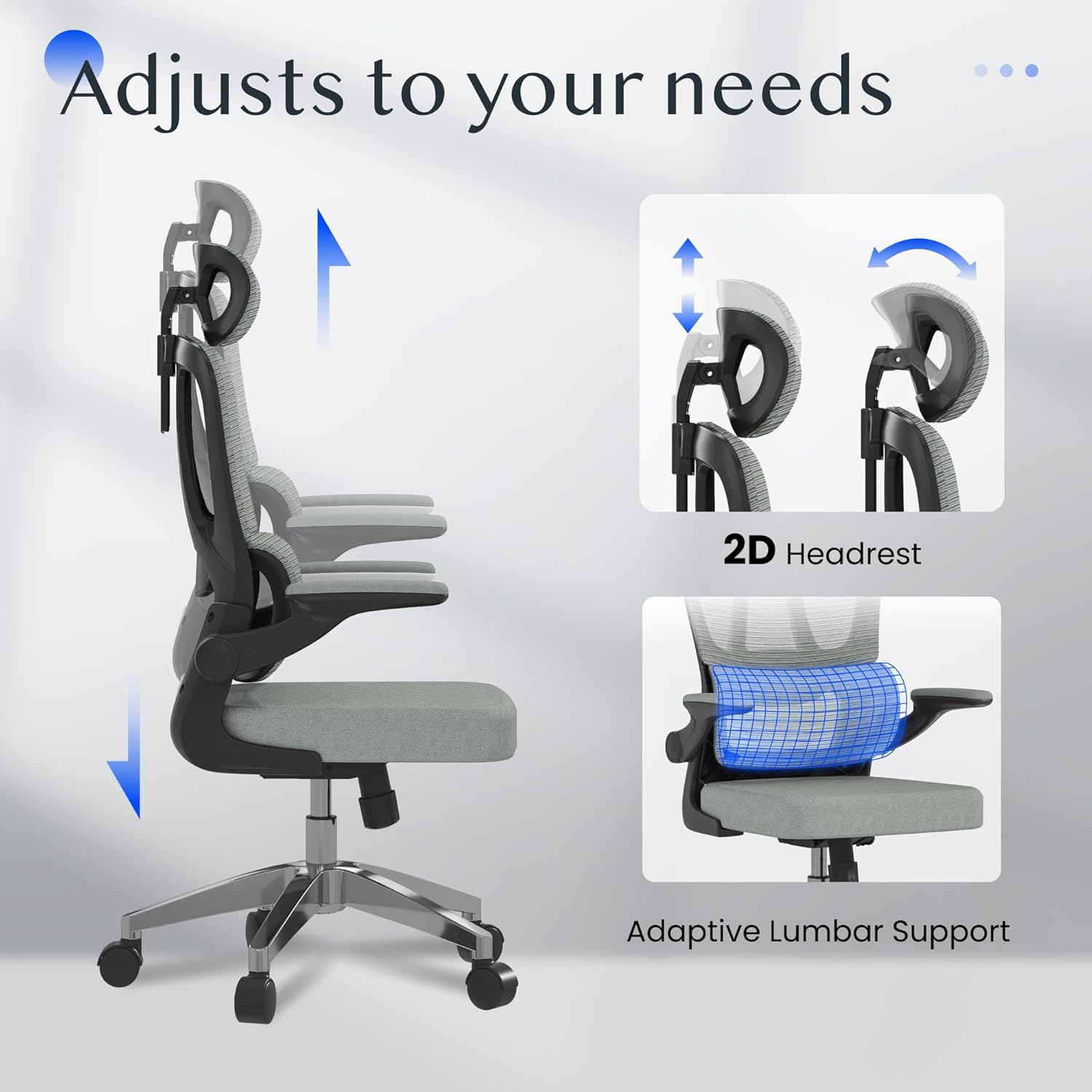 FLEXISPOT Ergonomischer Bürostuhl, Schreibtischstuhl mit 2D-Kopfstütze, Klappbare Armlehnen & Dynamische Lendenstütze, Stuhl mit 120° Wippfunktion für Homeoffice, Arbeitszimmer, Büro (Grau)