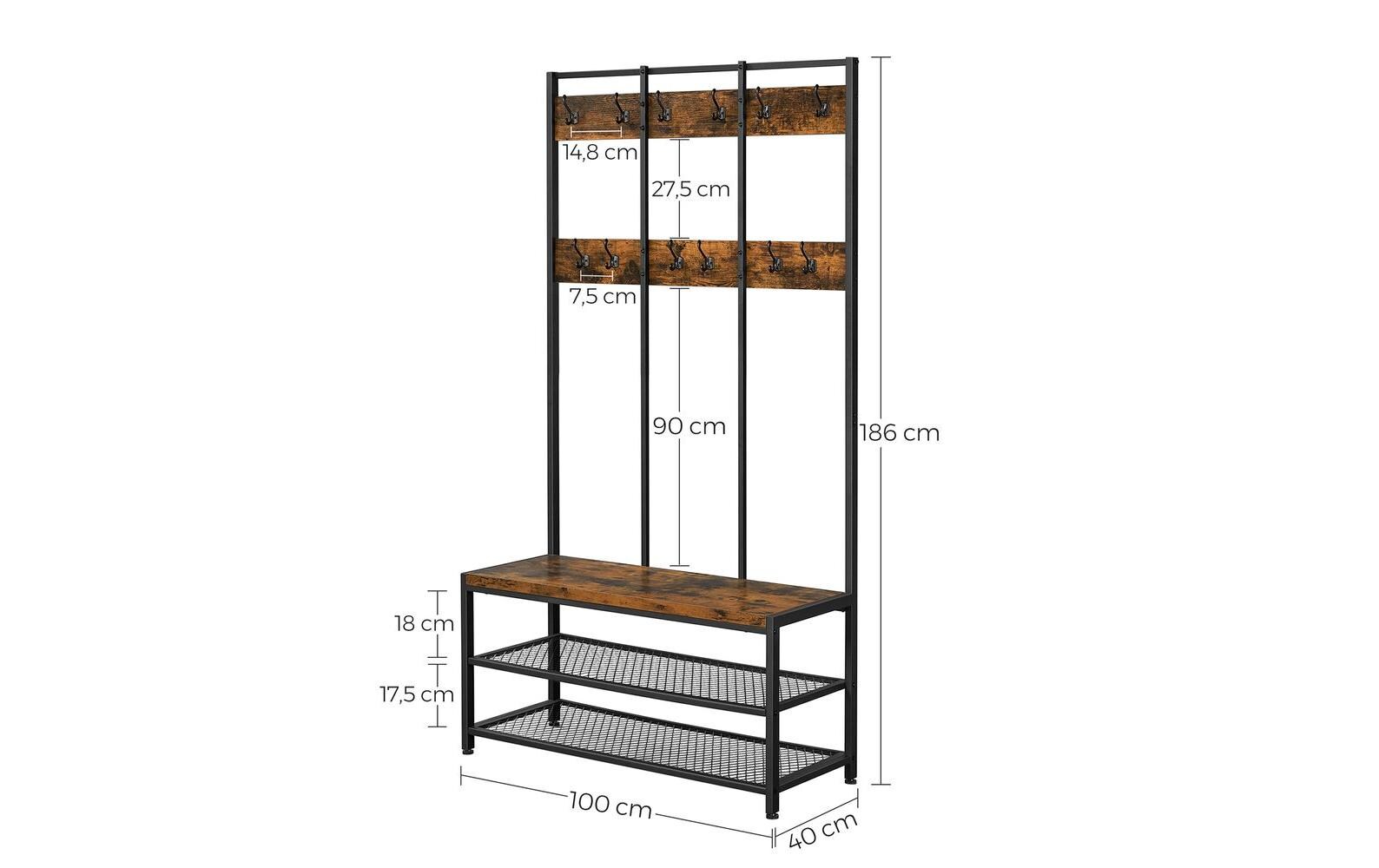 Wandgarderobe 100 cm x 184 cm, Braun/Schwarz<br>Garderobe mit Schuhregal