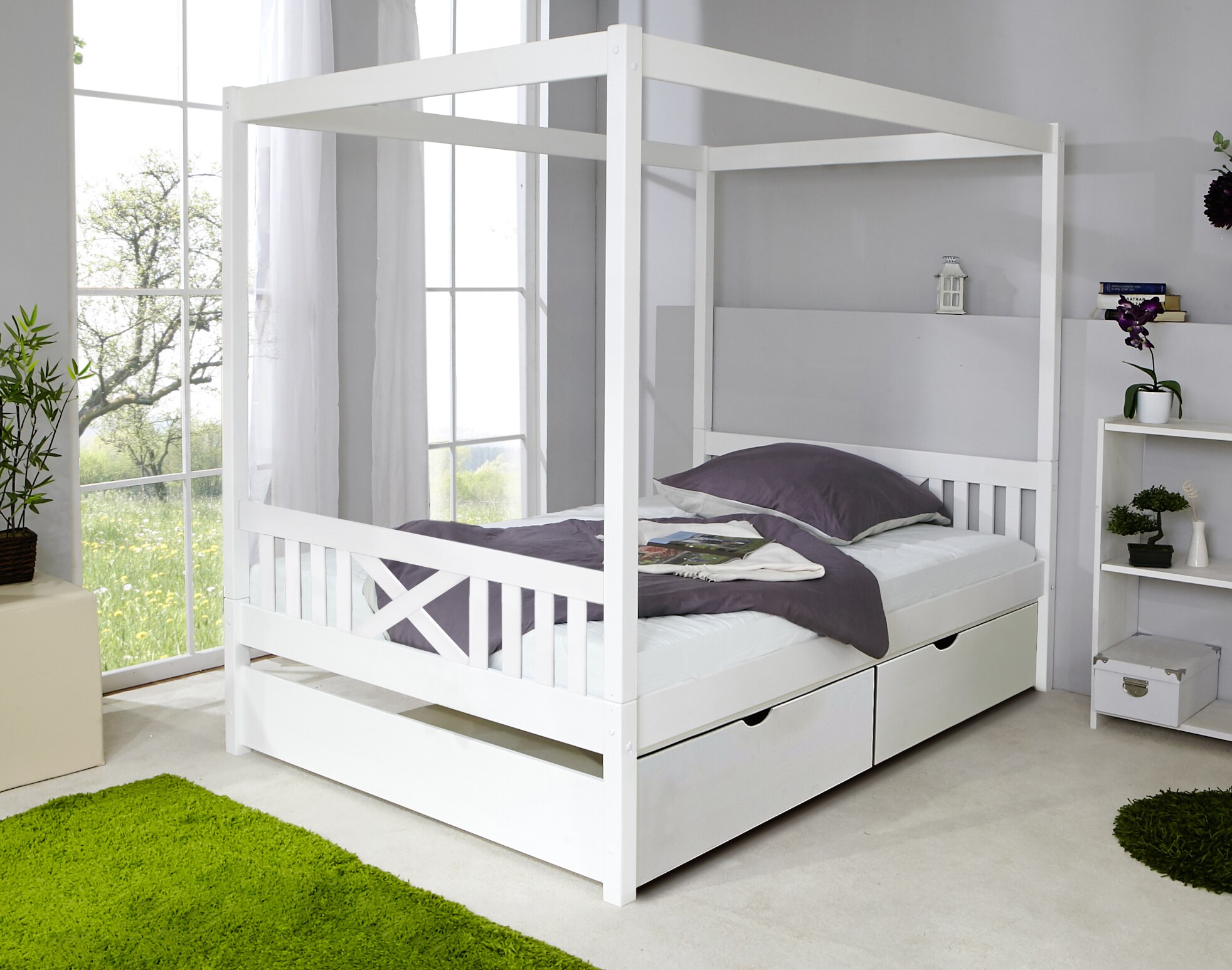 TiCAA Himmelbett Lino Kiefer Weiß 140x200