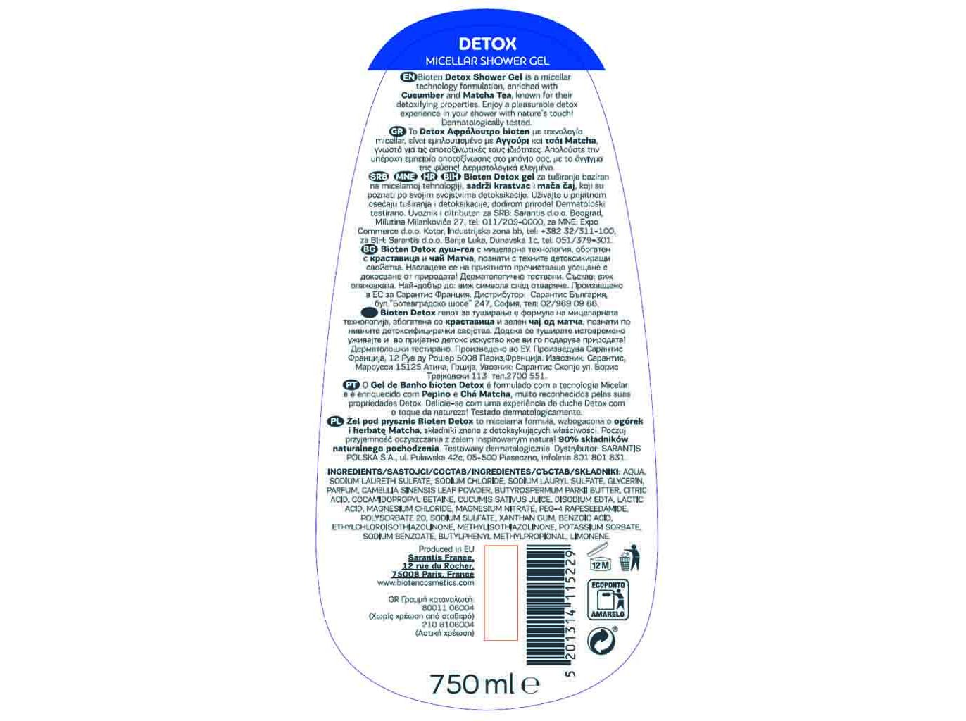 GEL BIOTEN BANHO DETOX MICELAR 750ML