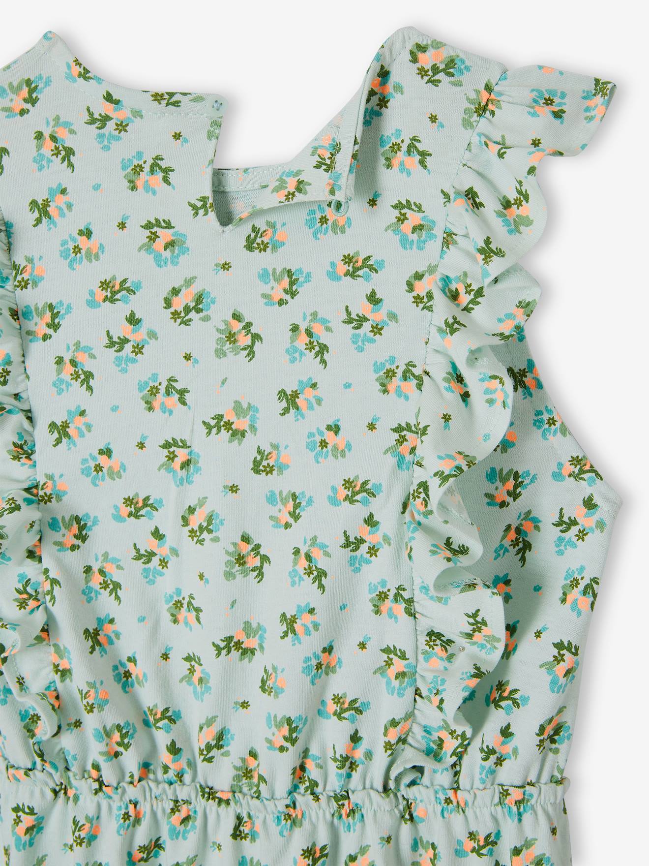 Vestido estampado com babados, para meninas, estampa verde escura