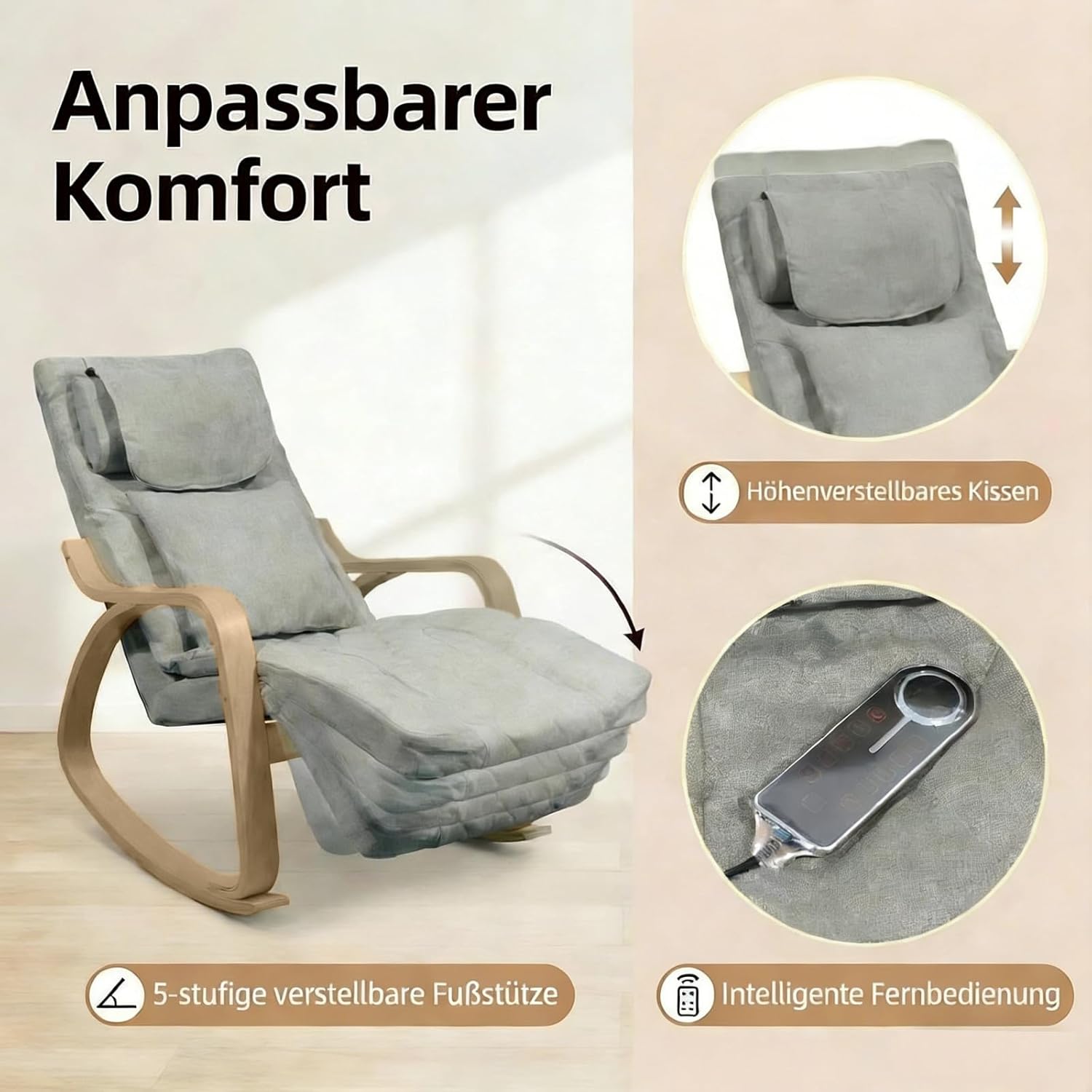 Massage Schaukelstuhl, Relaxsessel, Fernsehsessel mit 3 Zonen Massage, Massagesessel mit Waermefunktion verstellbare Kopfstuetzte und Fußstütze, Bezug abnehmbar 150kg belastbar, Beige