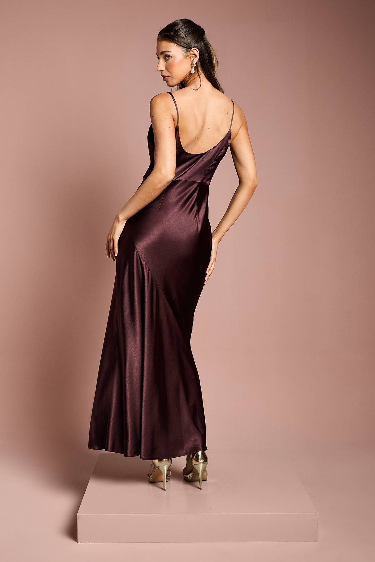 Coast Robe de Demoiselle d'Honneur Longue Sirène en Satin à Col Drapé et Bretelles
