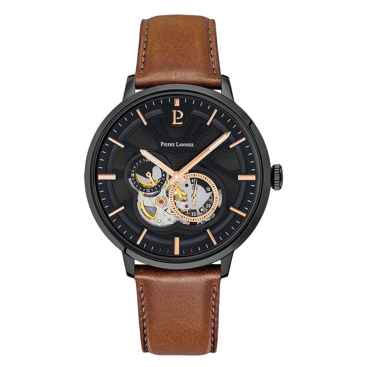 Montre Pierre Lannier Trio cadran noir cuir brun