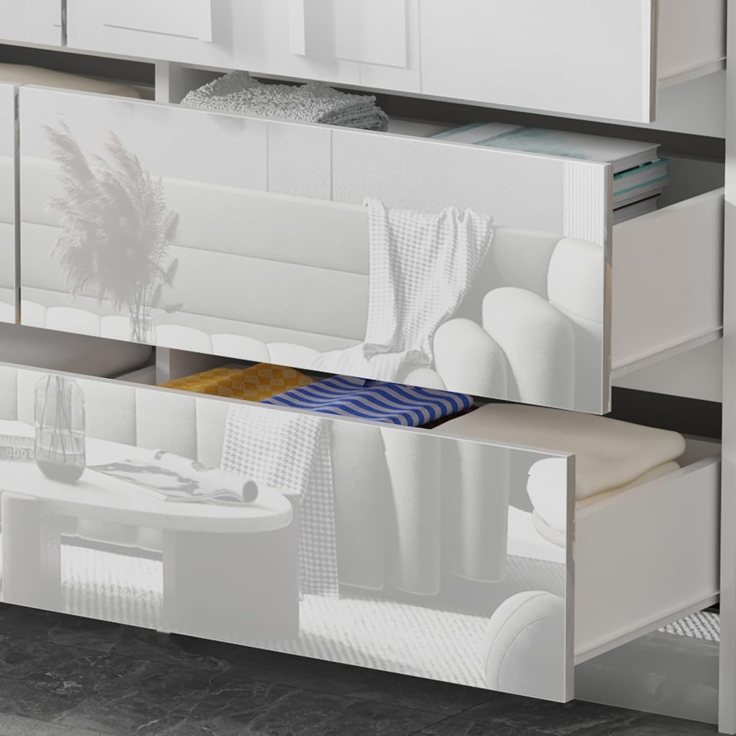 LSLIFE Weiße Schwarz Kommode mit 6/7/8 Schubladen Hochglanz Schlafzimmerschrank Nachttisch Sideboard Stauraum Möbel für Wohnzimmer Büro Flur (6 Schubladen weiß)