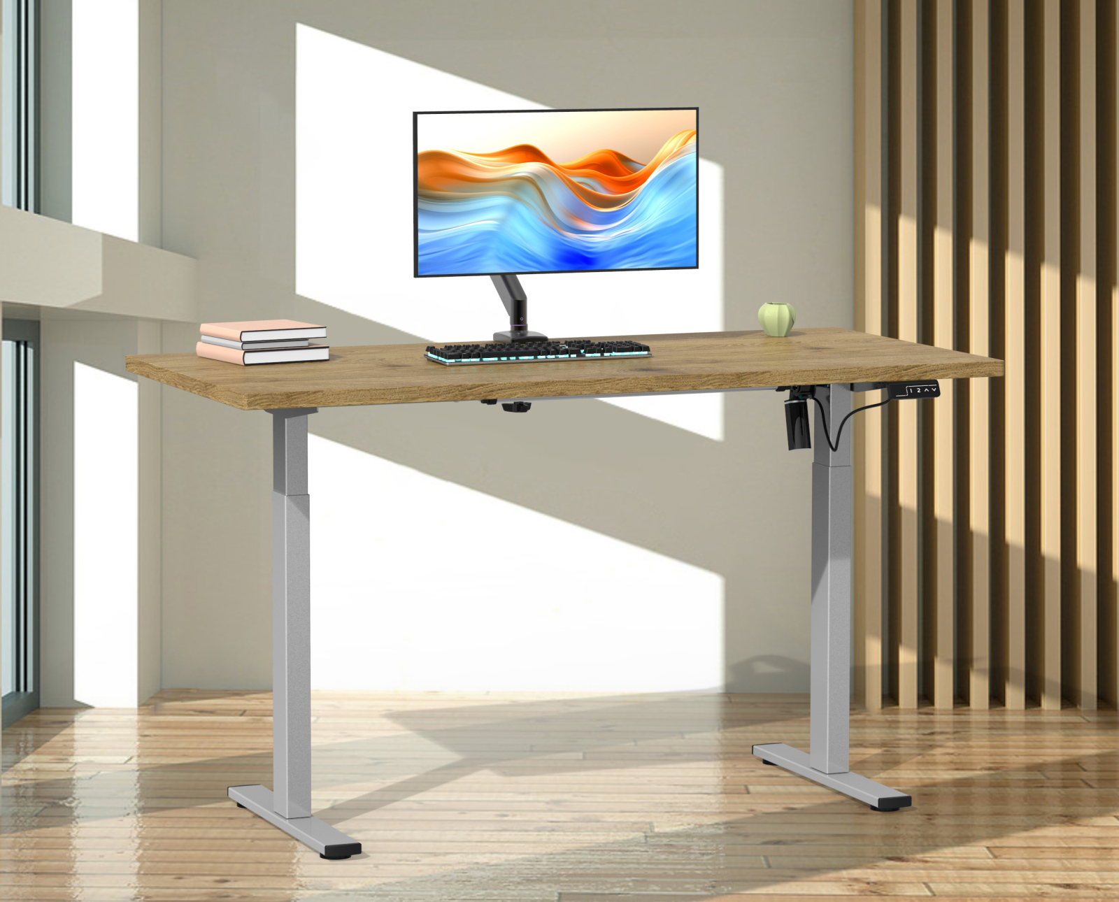 Schreibtisch E-LONA - Honig Eiche-silber - 140x80cm - höhenverstellbar