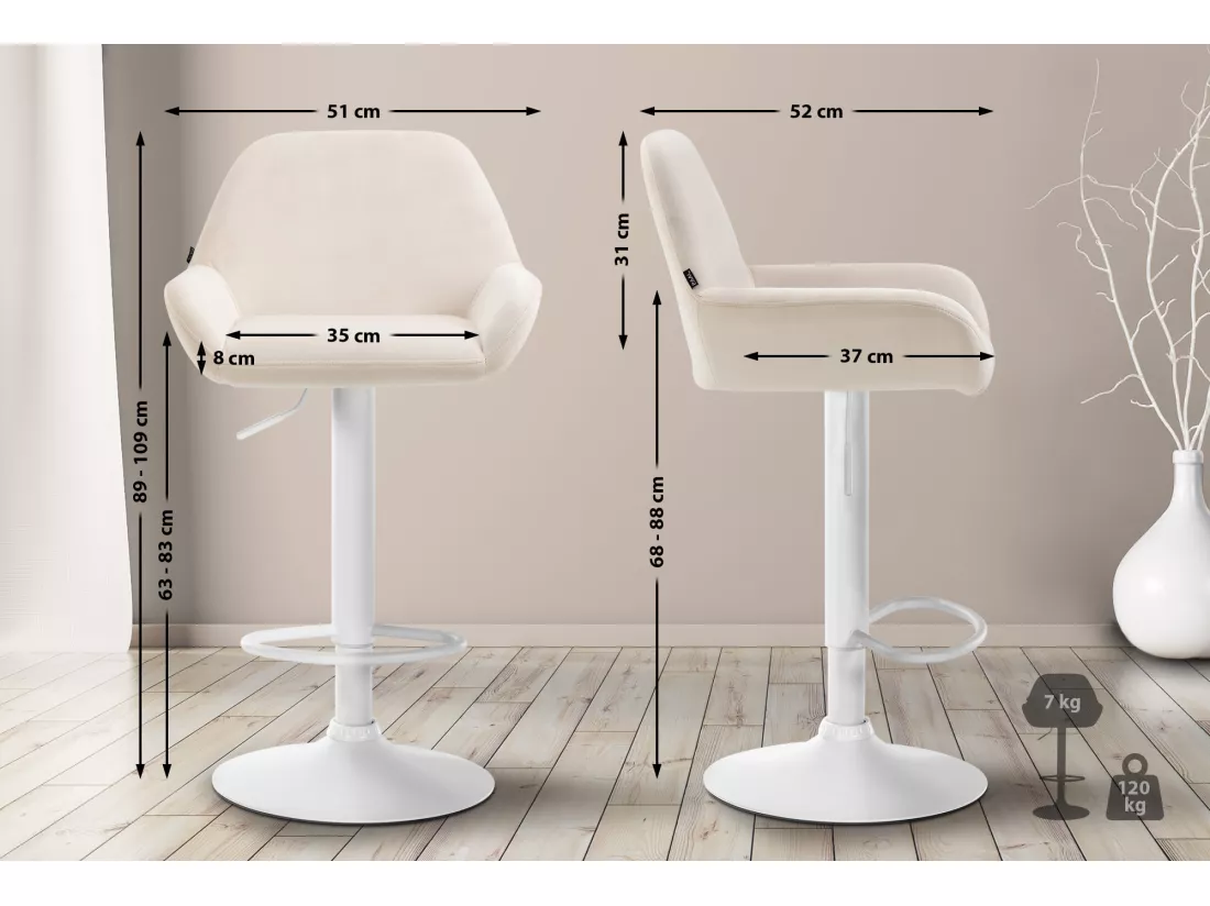 Lot de 2 Tabouret de bar - Velours - Crème - Braga