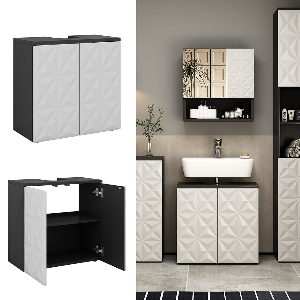 Vicco Waschtischunterschrank Waschbeckenunterschrank Edge Schwarz Weiß modern 60x57 cm Badezimmer Schrank Badschrank Badkommode Badmöbel 2 Türen