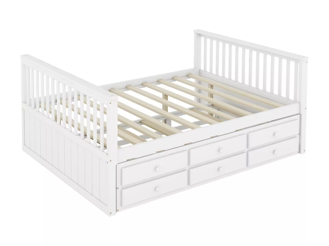Lit gigogne 140 x 200 cm + 90 x 190 cm avec 3 tiroirs - bois de pin + MDF - blanc