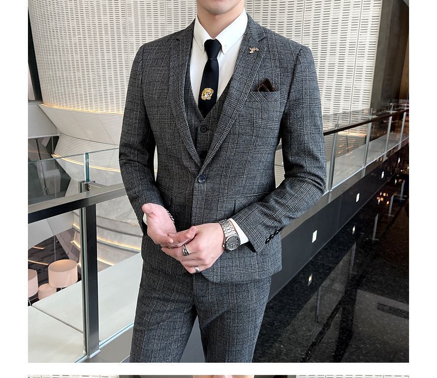 Deepwood - Set: Geruite blazer met één knoop + vest met knoop + pantalon