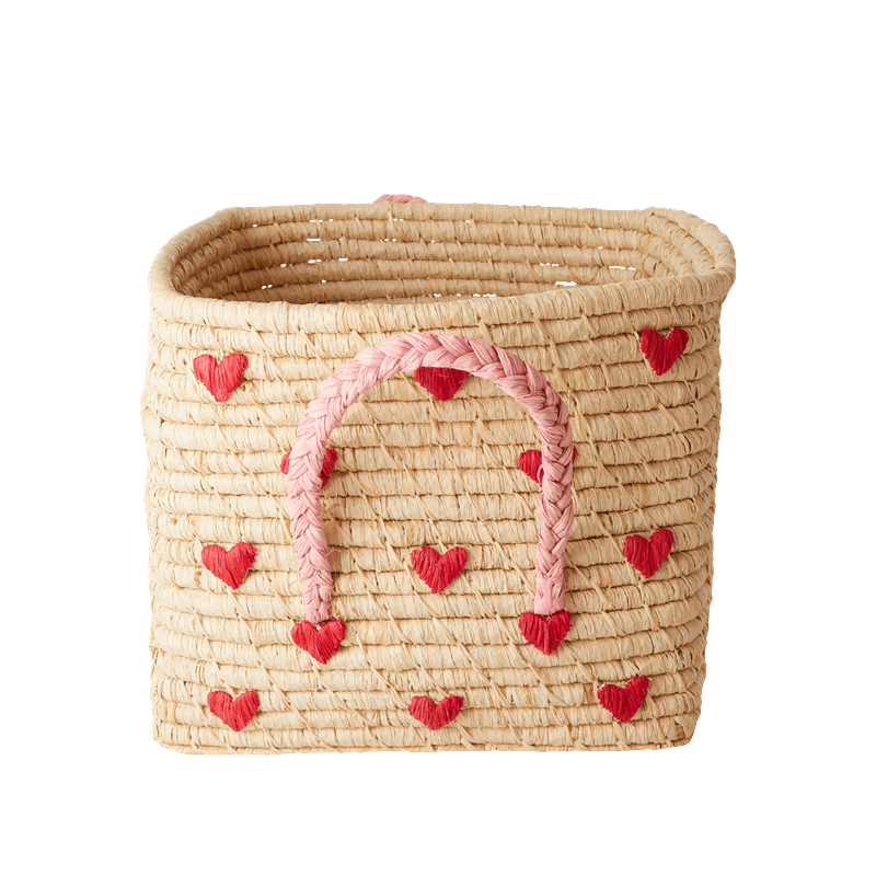 Rice - Small Square Raffia Kurv med Hanke - Hjerter