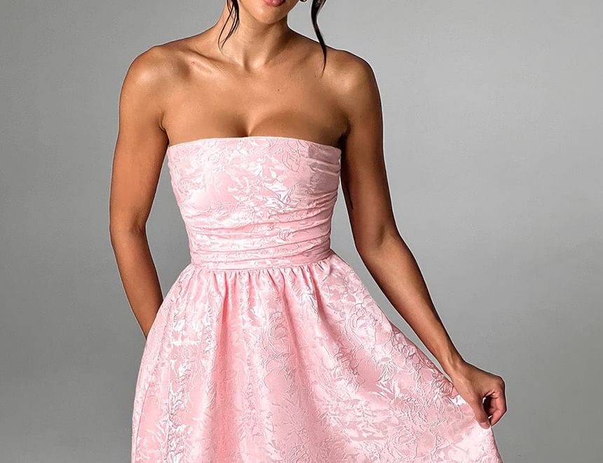 Alizio - Strapless Floral Jacquard Midi A-lijn Feestjurk
