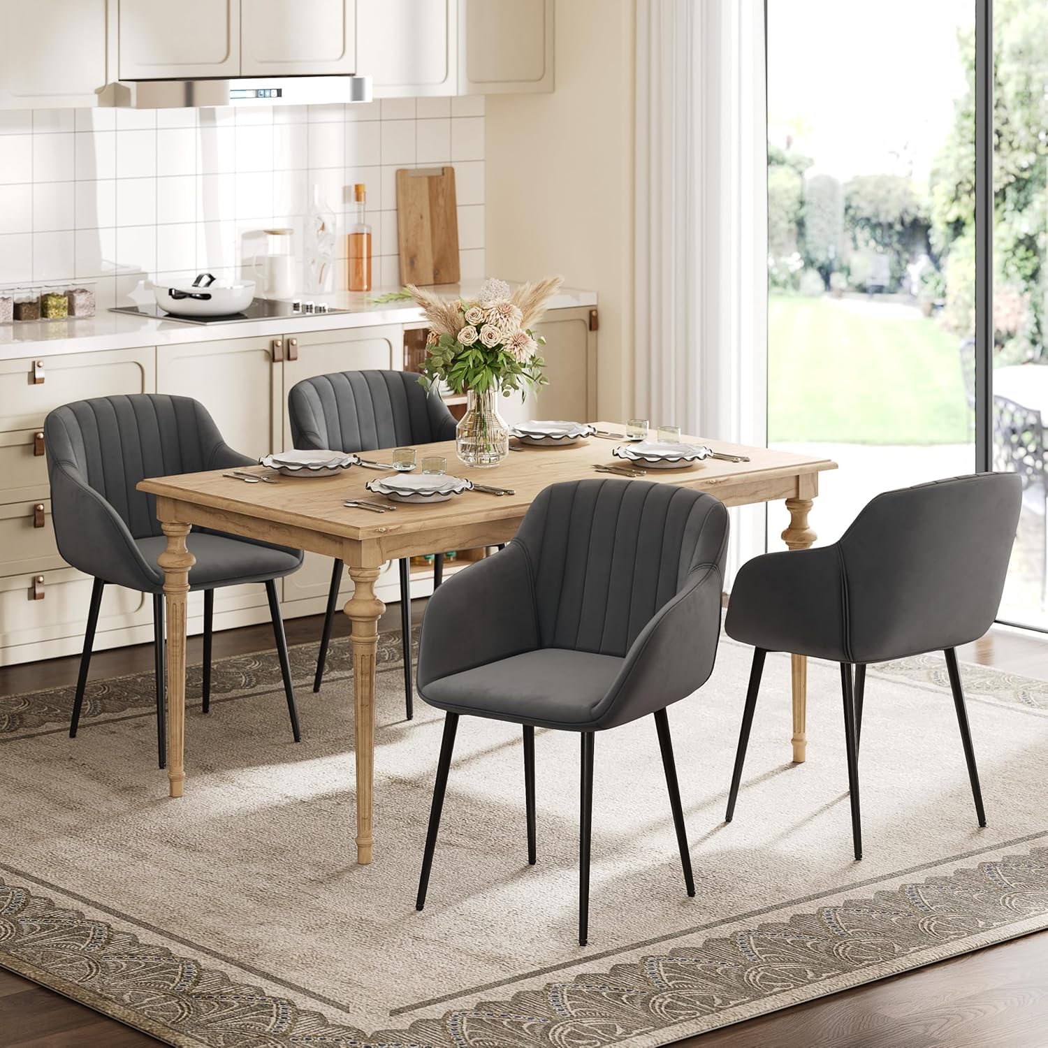 Esszimmerstühle mit Armlehne 6er Set aus Samt Polsterstuhl Küchenstuhl Stühle Esszimmer Wohnzimmerstuhl mit Gepolstertem Sitz Metallbeine, Dunkelgrau