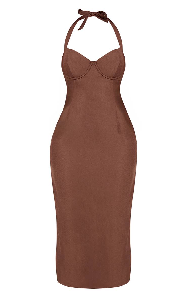 Chocolat Robe Midi Ajustée À Dos Corset Plongeant