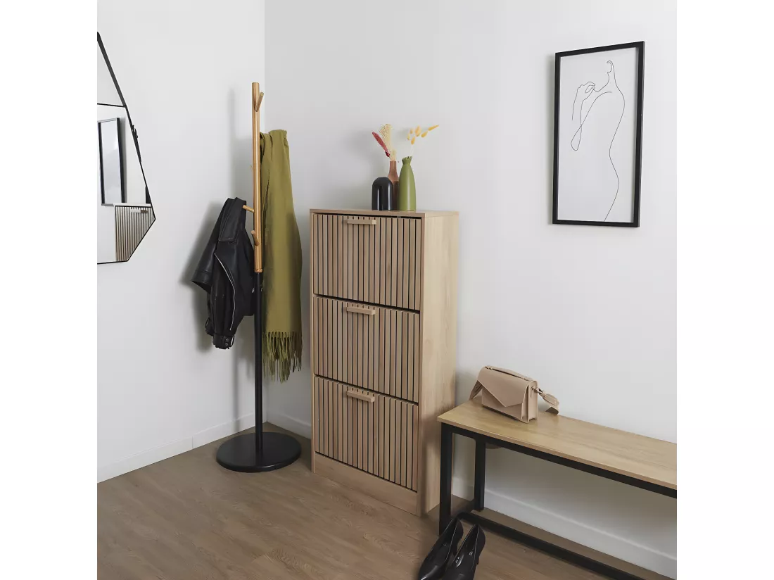 PAJAN - Meuble à Chaussures 3 Portes Basculantes Effet Bois avec Tasseaux