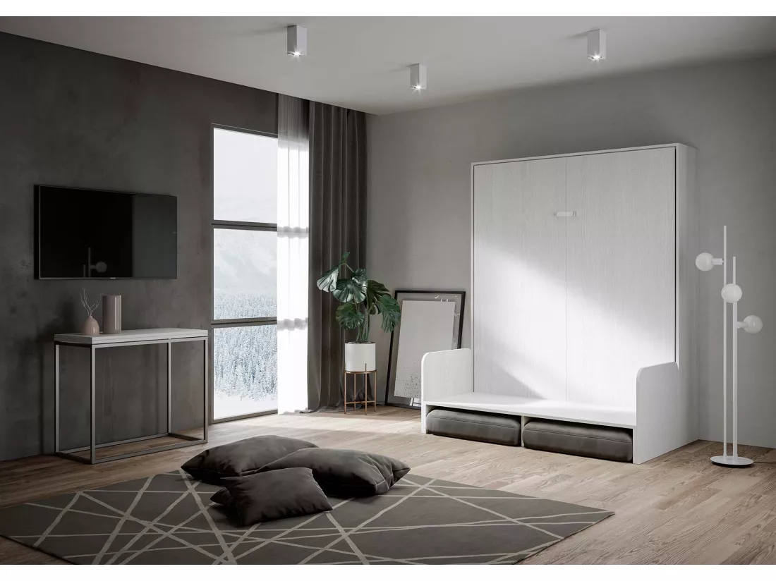 Lit double Sofà Kentaro escamotable vertical Frêne Blanc