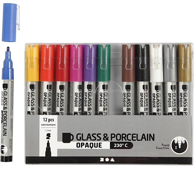 Glass- og porselenstusj, strek 1-2 mm, semi opaque, ass. farger, 12 stk./ 1 pk.