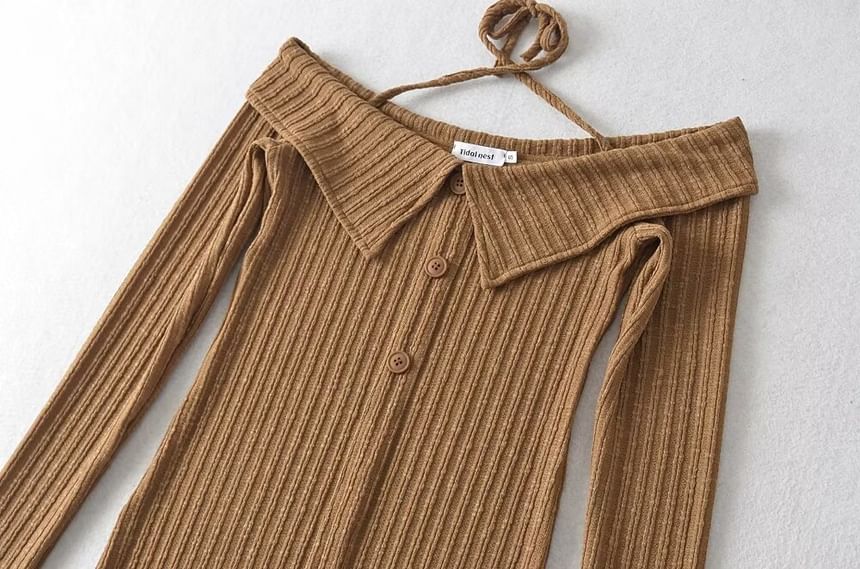 Seventh Snow - Off-shoulder lange mouwen effen geribbelde mini-jurk