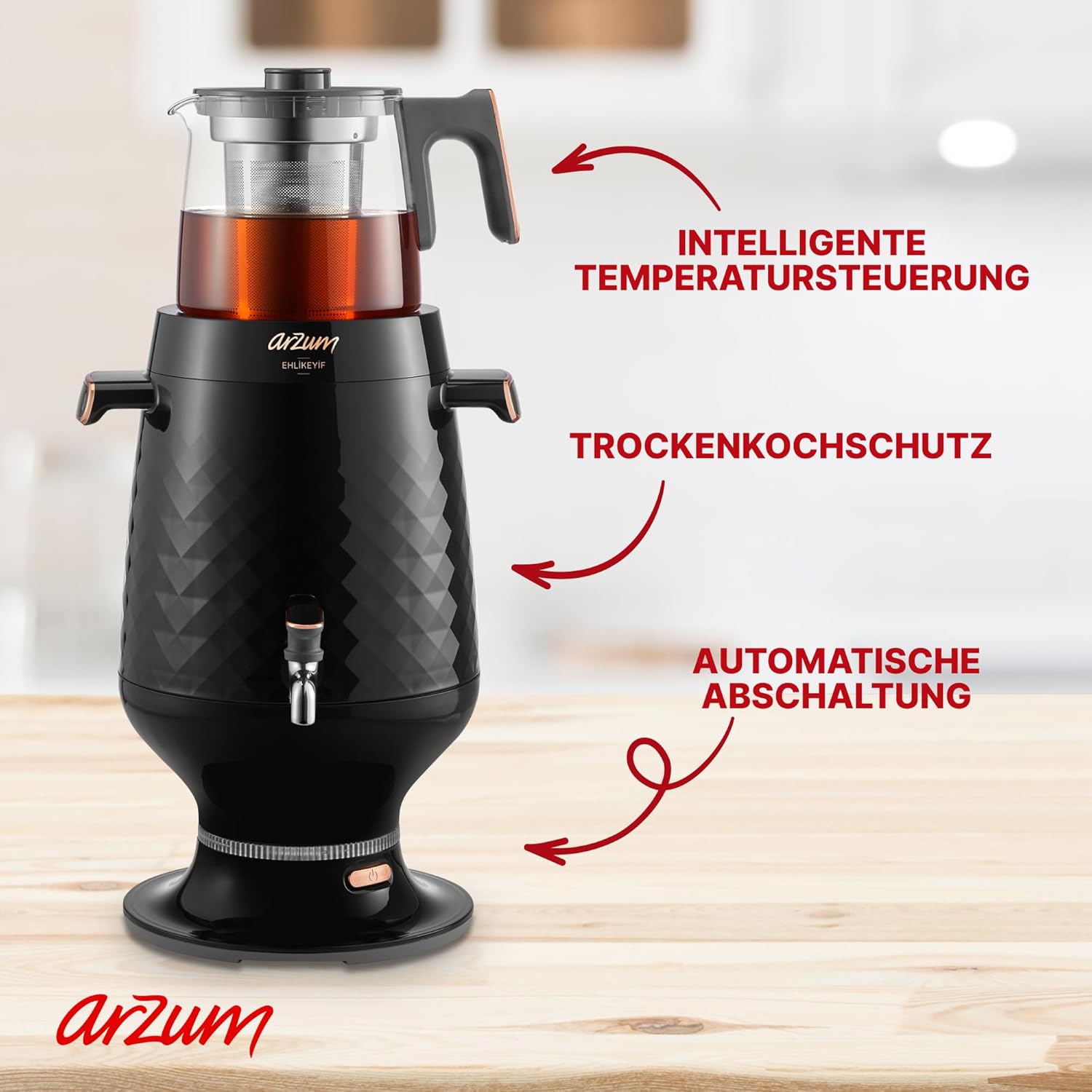Arzum Ehlikeyf Semowar, Elektrischer Türkischer Teekocher, 2200W, 3,5L Wasserkocher, 1,2L Glas Teekanne, Edelstahl, Intelligente Temperaturregelung, Trockengehschutz