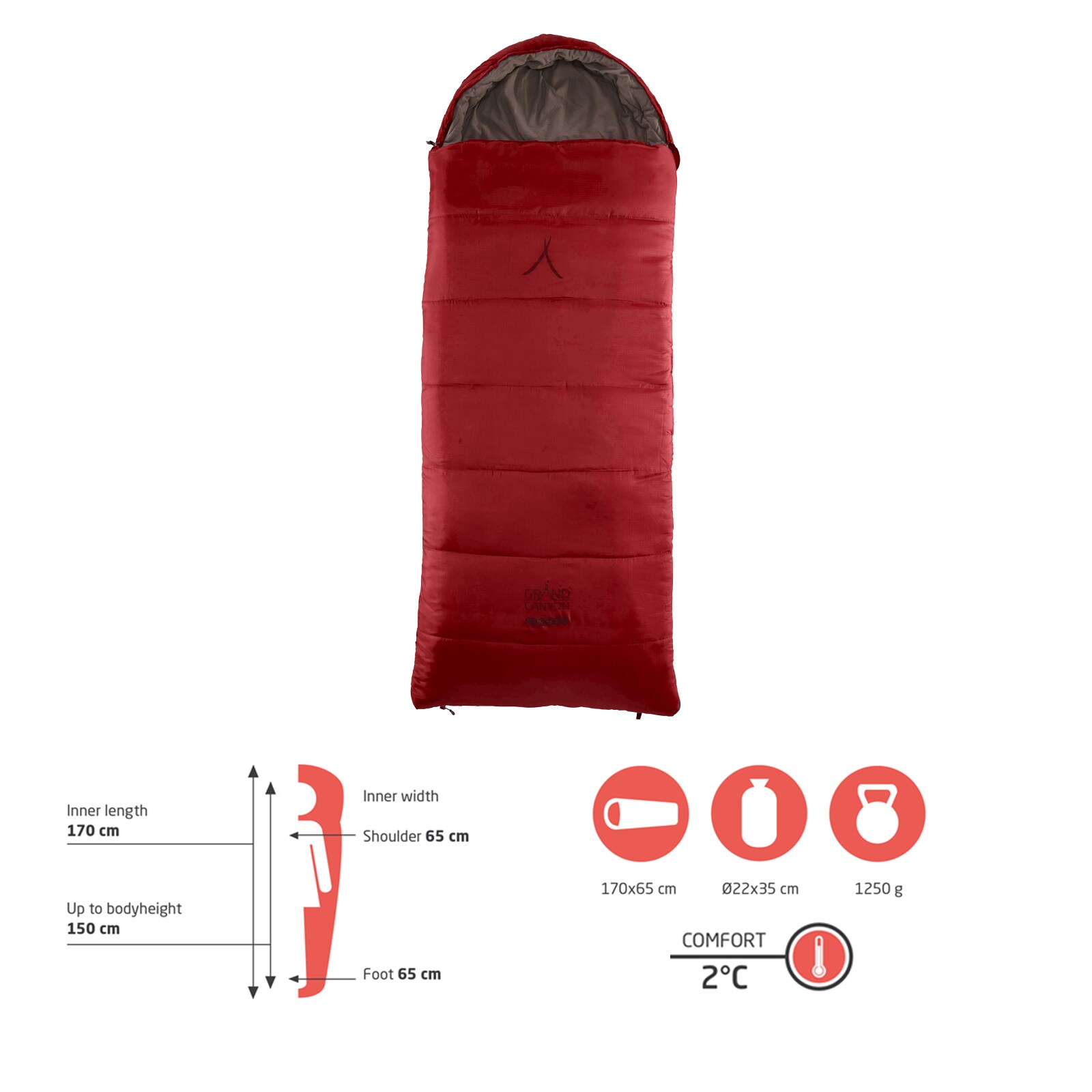GRAND CANYON Kinderschlafsack Utah 150 Kids Mumien Jugend Winter Schlafsack +2°C Farbe: Red Dahlia