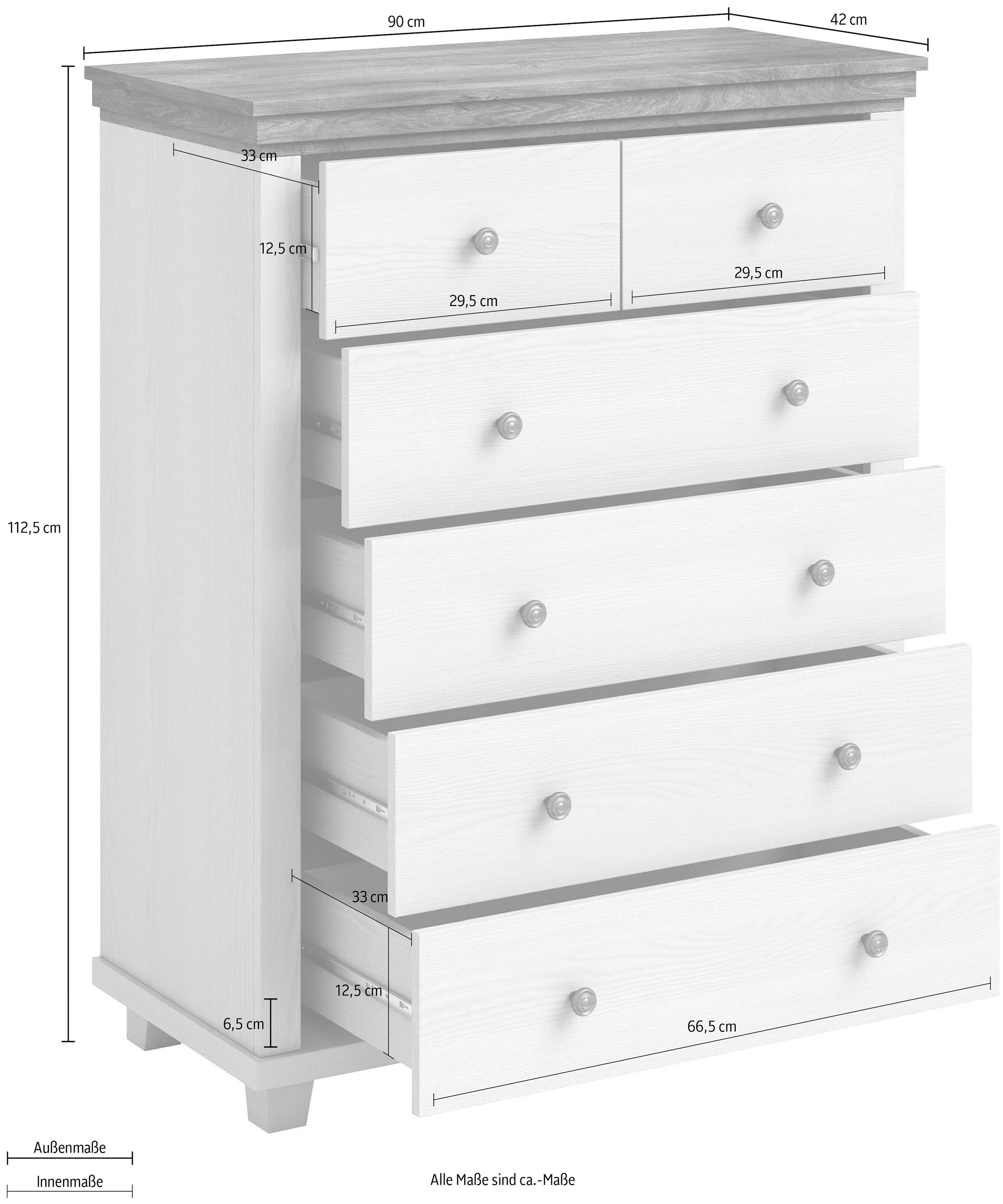 Home affaire Schubkastenkommode »Evora mit 6 Schubladen, viel Stauraum, 90x42x112,5 cm (BxTxH) FSC®« Kommode mit MDF-Applikationen, Landhausstil, passende Ergänzung
