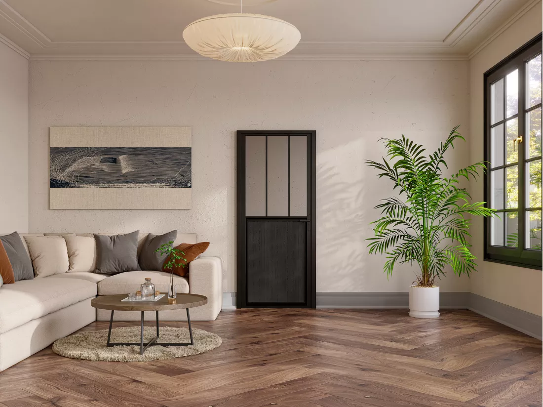 Bloc porte réversible en aluminium et verre trempé style atelier - H204 x L93 cm - Noir - ERMELO