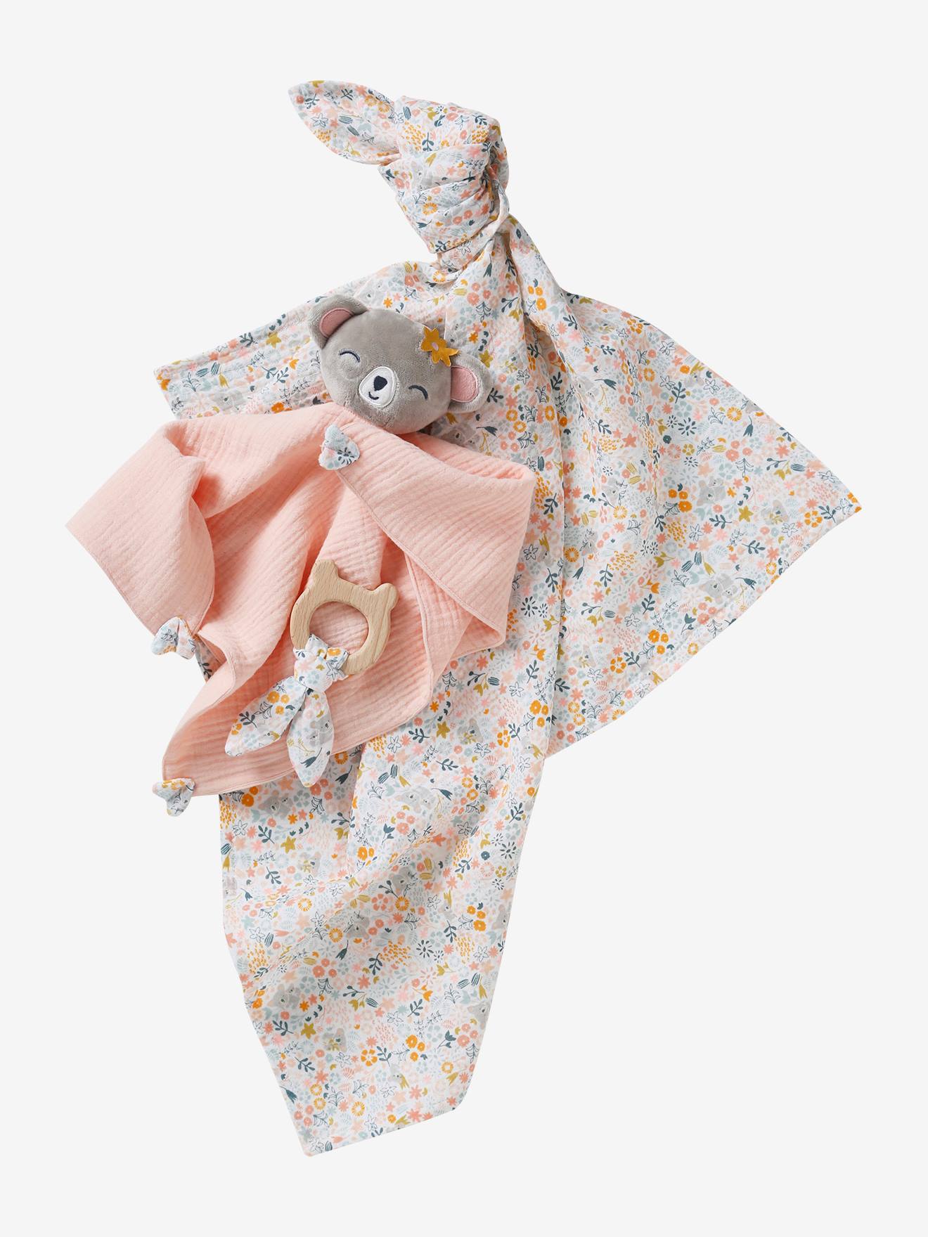 Conjunto para presente com 3 itens: pano + doudou + chocalho marrom