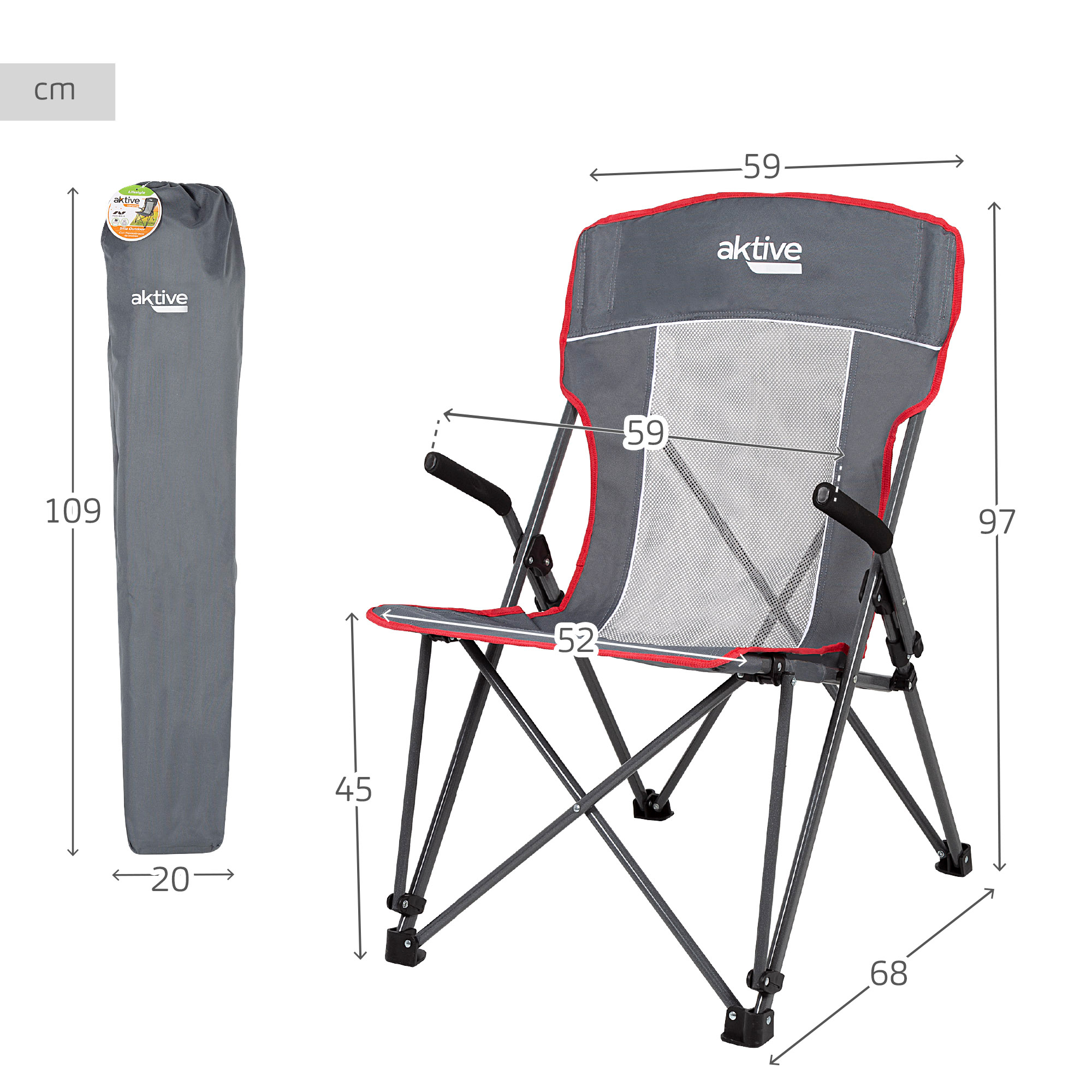Cadeira de camping dobrável anti-tombamento Aktive com apoios de braço removíveis