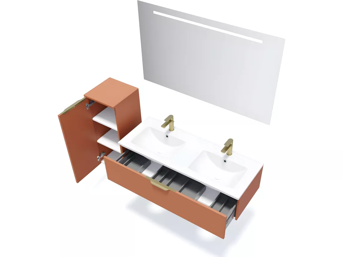 Meuble de salle de bain suspendu double vasque intégrée 120cm 1 tiroir Terracotta - Venice