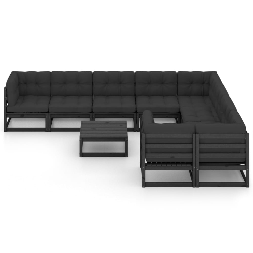 Salon de jardin meuble d'extérieur ensemble de mobilier 10 pièces avec coussins noir bois de pin massif