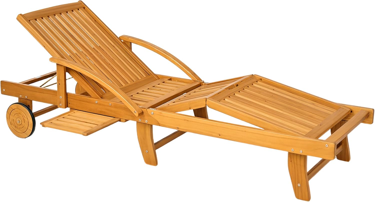 Outsunny Sonnenliege Holz klappbar Gartenliege mit Seitentisch, Rolle, Liegestuhl mit 4-Fach verstellbare Rückenlehne, Campingliege, Gartenstuhl bis 160 kg belastbar, für Garten Strand, Teak