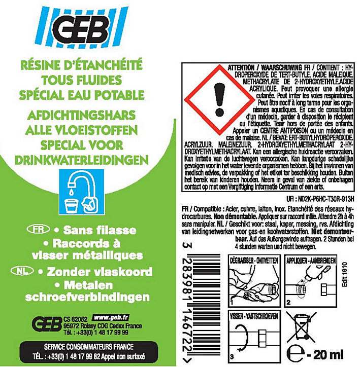 Résine d'étanchéité GEB spécial eau potable pour raccords à visser métalliques en tube de 20 ml