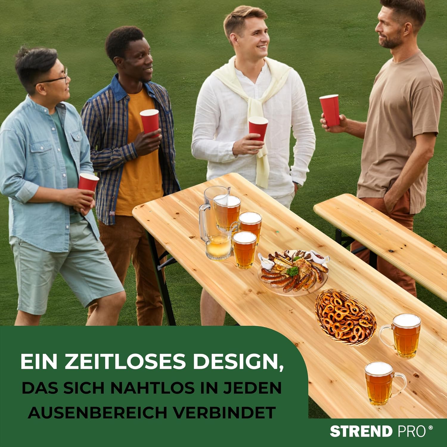 STREND PRO Bierzeltgarnitur 3-teilig | KLAPPBARE Gartenmöbel Set - Holz und Metall - Biertischgarnitur für 6-8 Personen | Biertisch + 2 Bierbänken | Festzeltgarnitur, Sitzgarnitur, Bierbankgarnitur