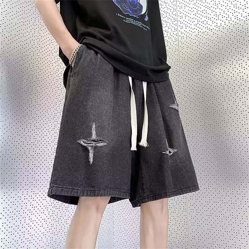 Lefitt - Denim shorts met trekkoord in de taille