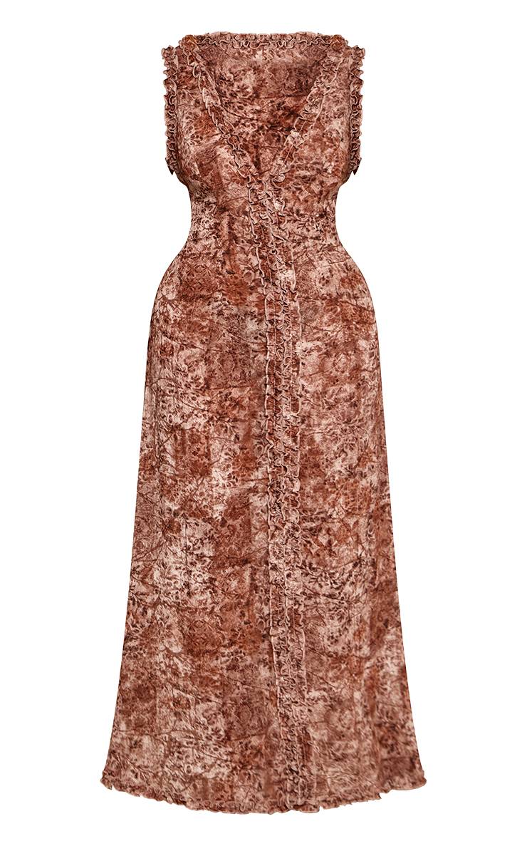 Marron Robe Longue Ajustée À Imprimé Animal Avec Décolleté Plongeant Et Volants