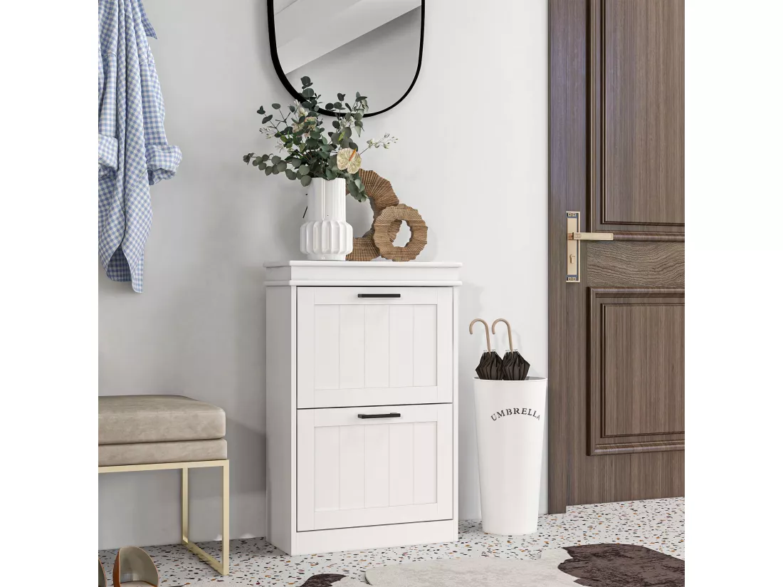 Meuble à chaussures 2 portes abattants 2 étagères poignées métal noir MDF blanc