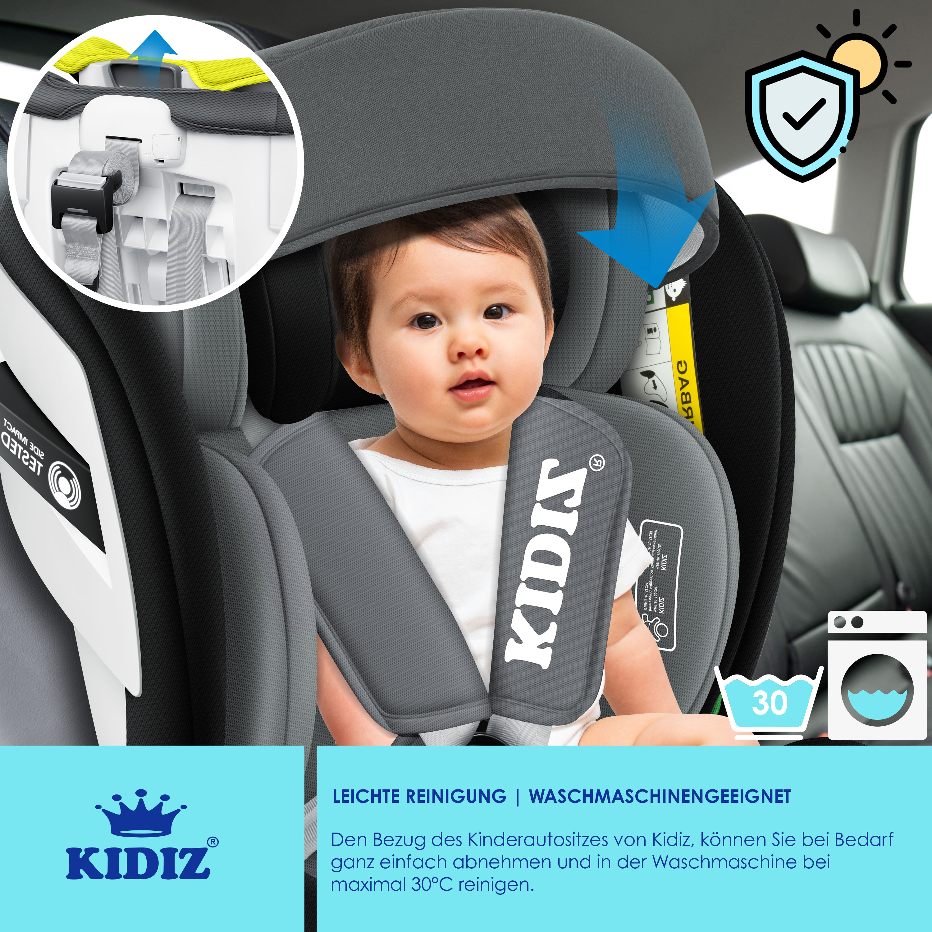KIDIZ® Kindersitz Baby Autositz Kinderautositz Isofix Top Tether 360° drehbar Gruppe 0/1/2/3 ab Geburt 0-36kg Mit Sonnenschutzdach Seitenschutz 5 Punkt Gurt Kopfstützenverstellung ECE R 129/03