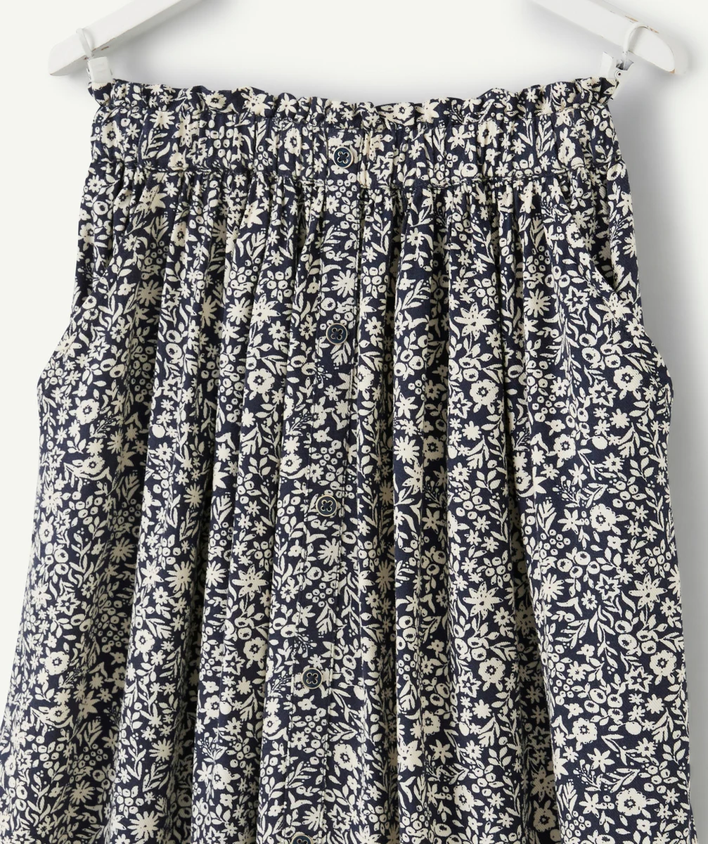 JUPE LONGUE FILLE EN VISCOSE REPONSABLE IMPRIMÉE FLEURIE ÉCRU ET BLEU MARINE
