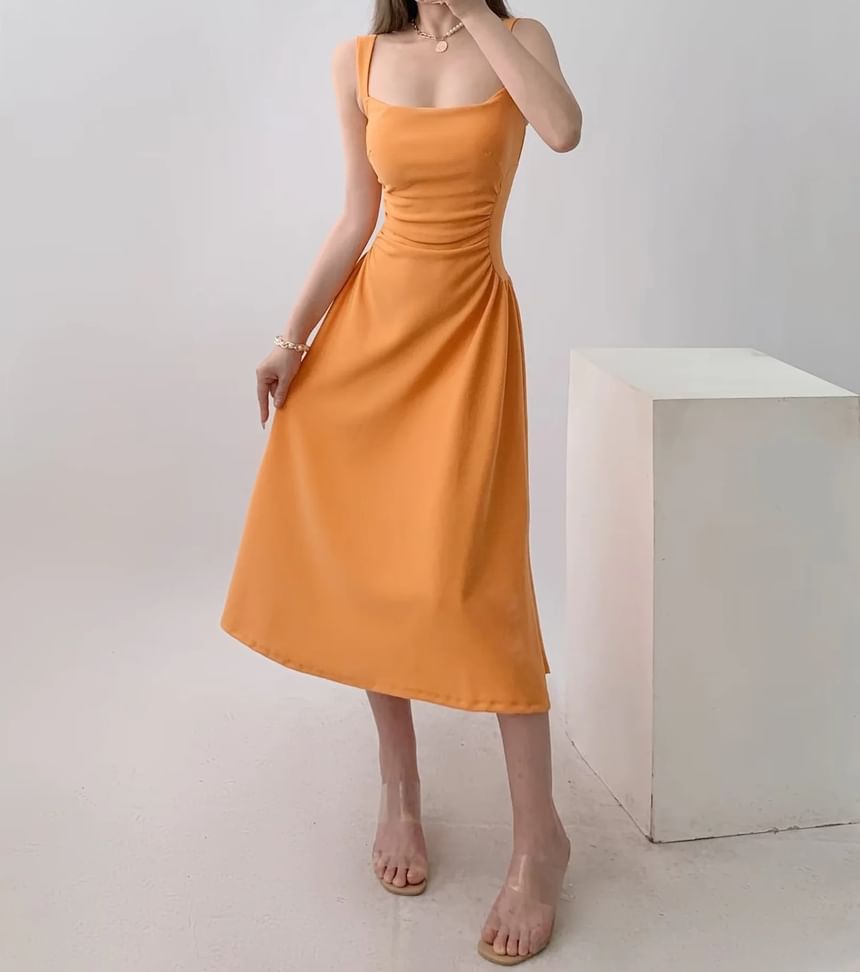 Asiris - Midi bodycon-jurk met spaghettibandjes en vierkante hals, effen ruches