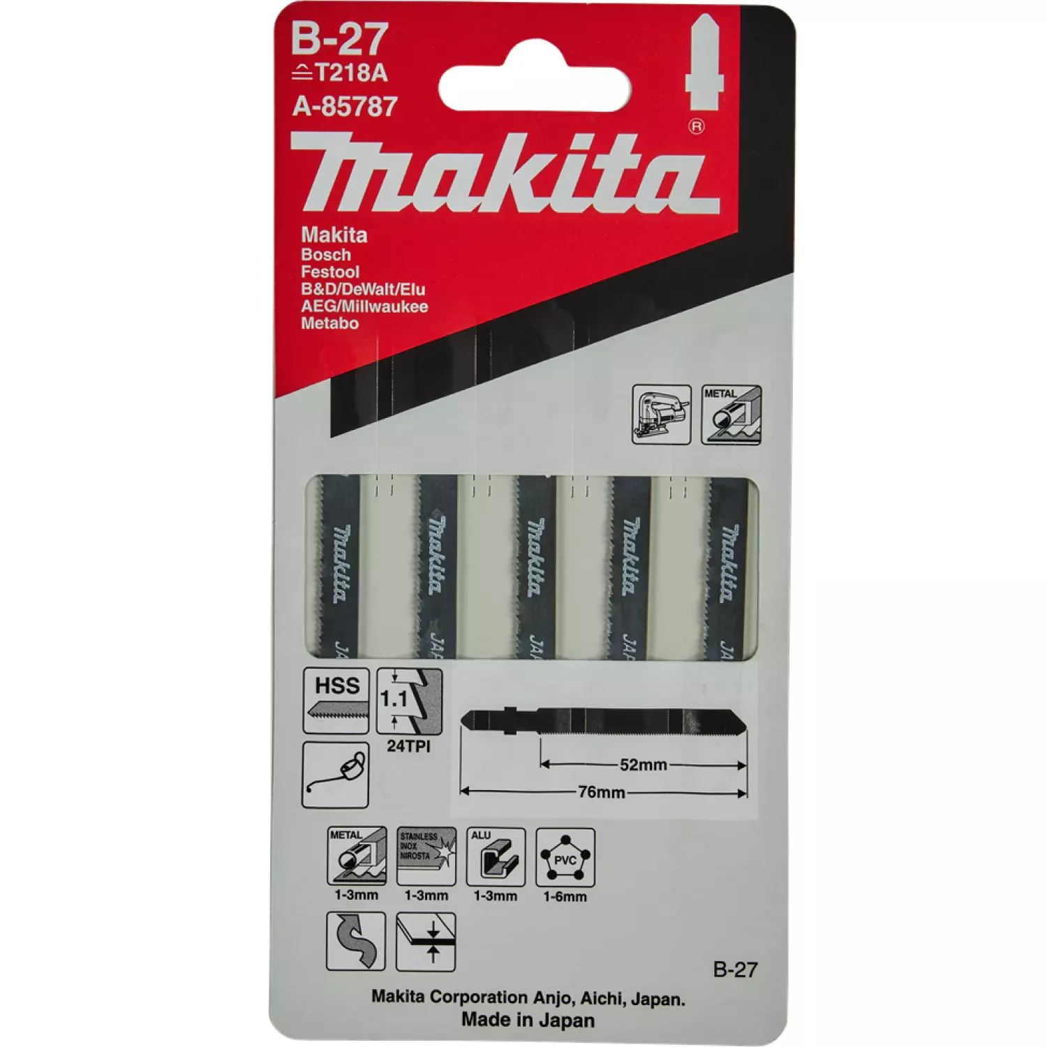 Makita A-85787 HSS Decoupeerzaagblad B27 - voor zagen bochten - Metaal / Aluminium / RVS (5st)