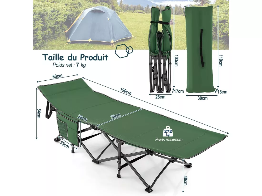 Lit de camping Pliant 1 Personne Portable en Tissu et velours Oxford avec Tube Métal Charge 272kg, Lit de Voyage avec Poche, Appuie-tête Réglable, pour Voyage/Randonnée/Pêche, 190 x 60 x 54 cm