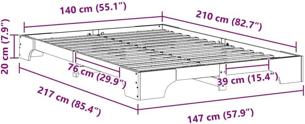 vidaXL Bettrahmen Braun 140 x 210 cm Massives Kiefernholz, Moderner rechteckiger Bettgestell, haltbares Kiefernholz, trendiges Latten-Design, praktische Möbel für Dein Schlafzimmer
