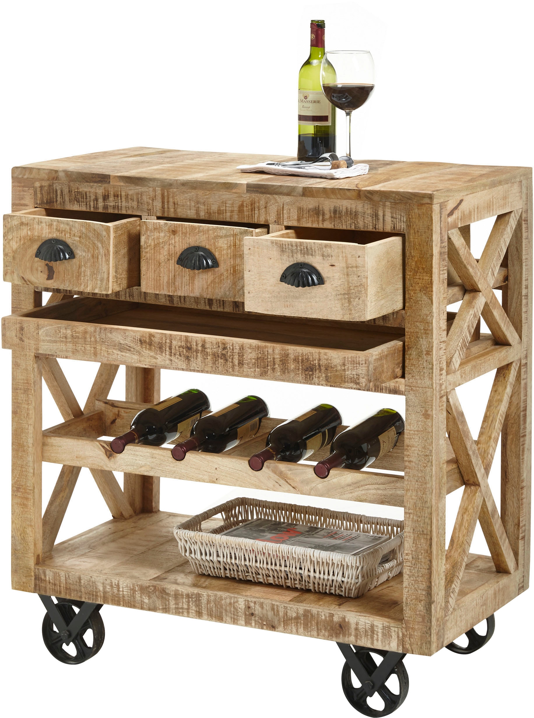 Stolkom Bartisch »Ferdi« Massivholz, Barwagen rollbar inkl. Tablett