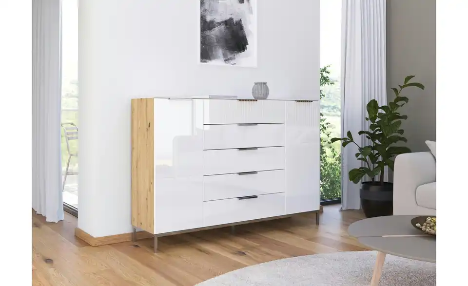 Highboard verchromt 160 cm Weiß, Eiche Artisan (Nachbildung)