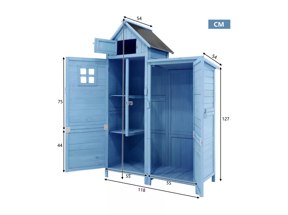 Abri de jardin en bois massif avec toit pente en PVC - 2 étagères 3 portes loquets - L118 x P54 x H173 cm - Bleu